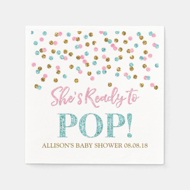 Pink Blue Gold Dots She's Ready to Pop Napkin (Front)