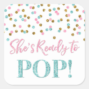 Pink Blue Gold Dots She's Ready to Pop Square Sticker