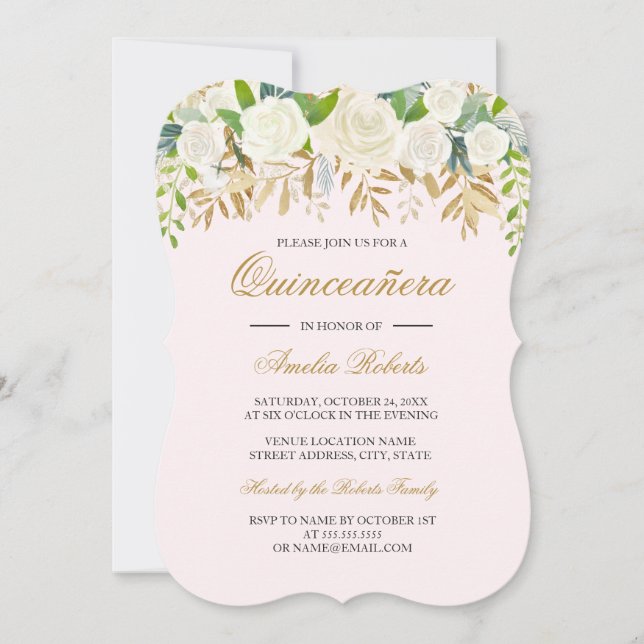 Pink Blue Gold Floral Leaf Watercolor Quinceanera Invitation (Front)