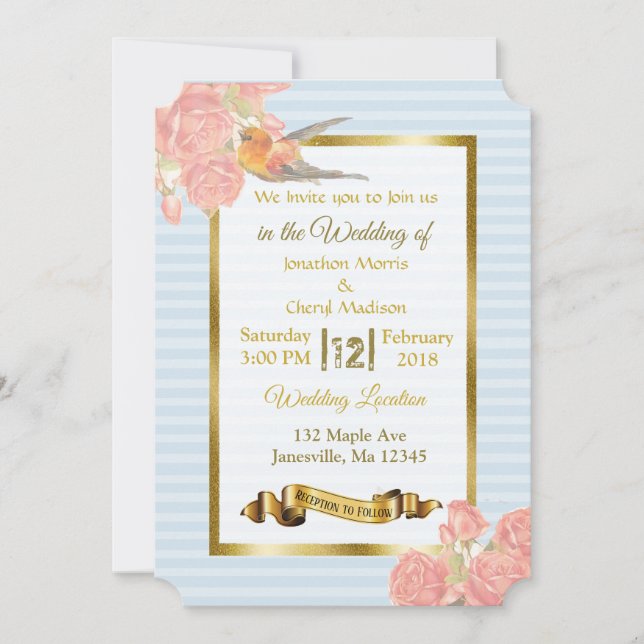Pink Blue Gold Flower and Bird Wedding Invitations (Front)