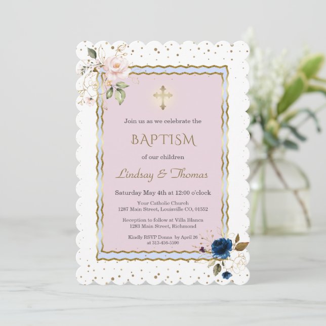 Pink Blue Gold Flowers Cross Twins Baptism   Invitation (Standing Front)