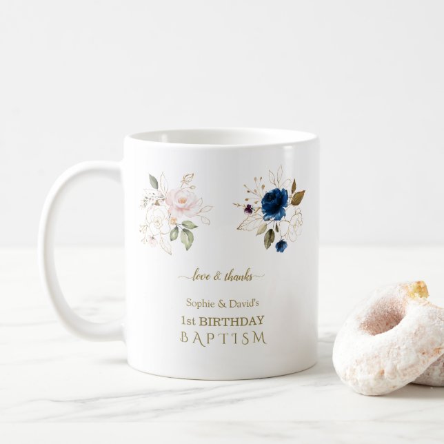 Pink Blue Gold Flowers Twins 1st Birthday Baptism Coffee Mug (With Donut)