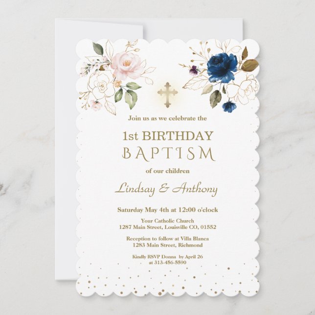 Pink Blue Gold Flowers Twins 1st Birthday Baptism Invitation (Front)