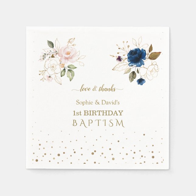 Pink Blue Gold Flowers Twins 1st Birthday Baptism Napkin (Front)