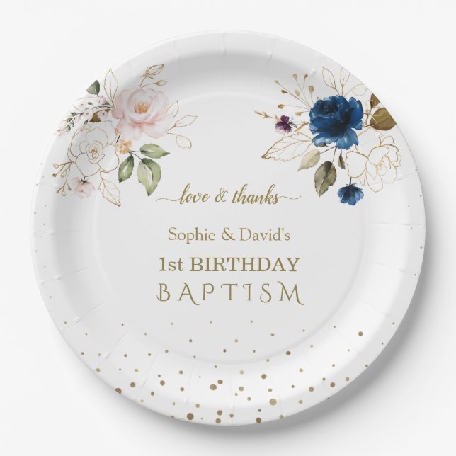 Pink Blue Gold Flowers Twins 1st Birthday Baptism Paper Plate (Front)