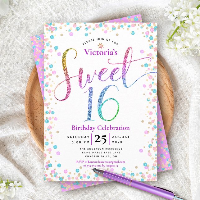 Pink Blue Gold Glitter Confetti Sweet 16 Birthday Invitation (Creator Uploaded)