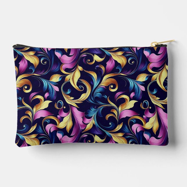 Pink, Blue, Gold, Leaf Swirl Pattern Accessory Pouch (Back)