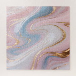 Pink Blue Gold Marble Swirl Abstract Jigsaw Puzzle