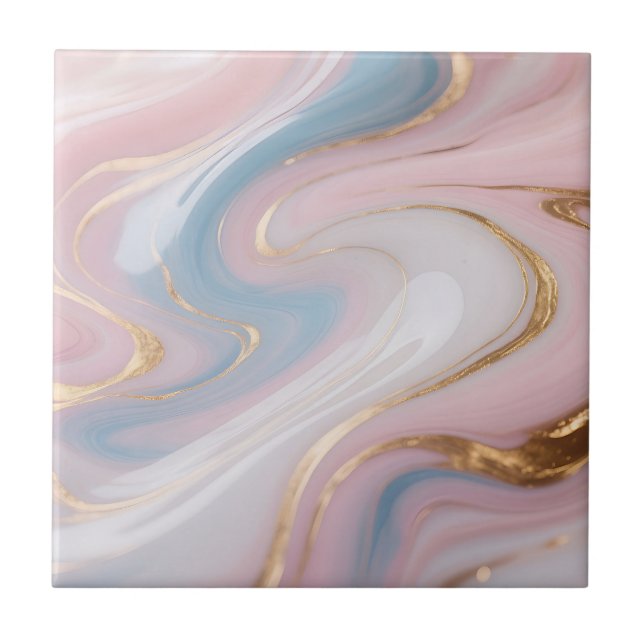 Pink Blue Gold Marble Swirl Abstract Tile (Front)