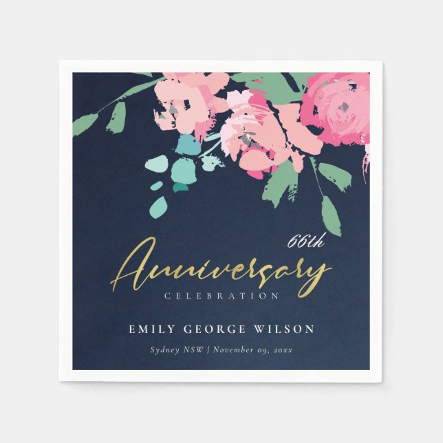 PINK BLUE GOLD NAVY FLORAL ANY YEAR ANNIVERSARY NAPKIN (Front)