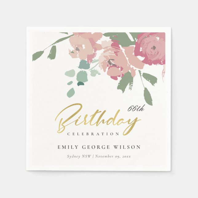 PINK BLUE GOLD PEONY FLORAL ANY AGE BIRTHDAY NAPKIN (Front)