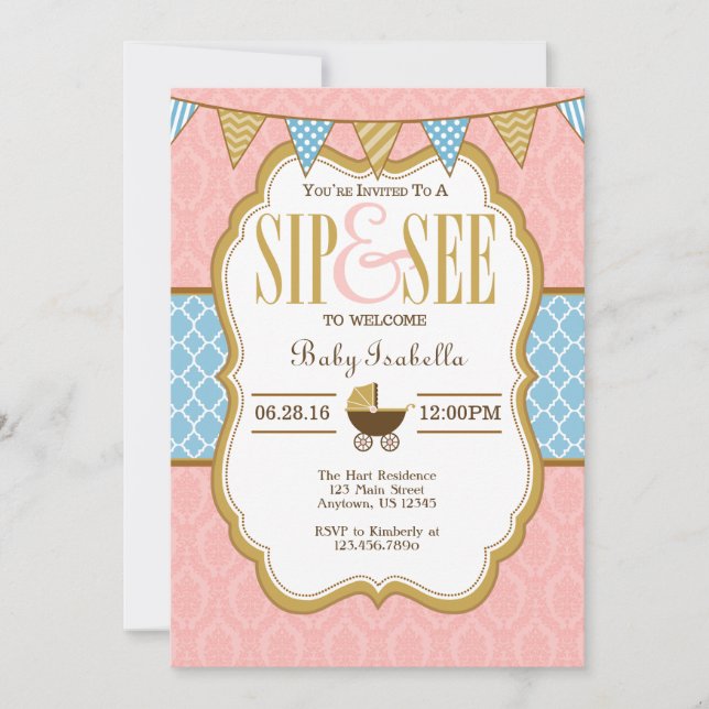 Pink Blue Gold Sip And See Invitation (Front)