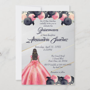Pink & Blue Gold Striped Floral Quinceanera Invitation