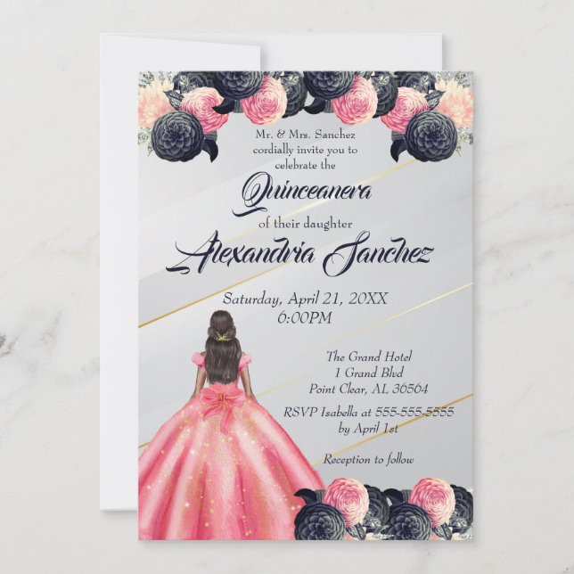 Pink & Blue Gold Striped Floral Quinceanera Invitation (Front)