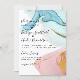 Pink Blue Gold Watercolor Wedding Invitation