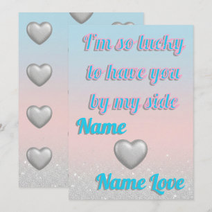 Pink Blue Gradient 3D Silver Hearts Valentine Card