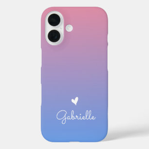 Pink Blue Gradient Heart with Minimal Script Name iPhone 16 Case