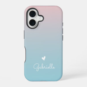 Pink Blue Gradient Heart with Minimal Script Name iPhone 16 Case