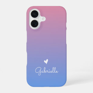 Pink Blue Gradient Heart with Minimal Script Name iPhone 16 Case