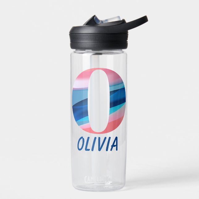 Pink blue gradient name school letter o water bottle (Left)