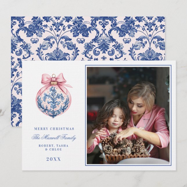 Pink & Blue Grandmillennial Damask Ornament Photo Invitation (Front/Back)