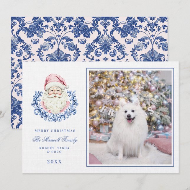 Pink & Blue Grandmillennial Damask Santa W/ Photo Invitation (Front/Back)