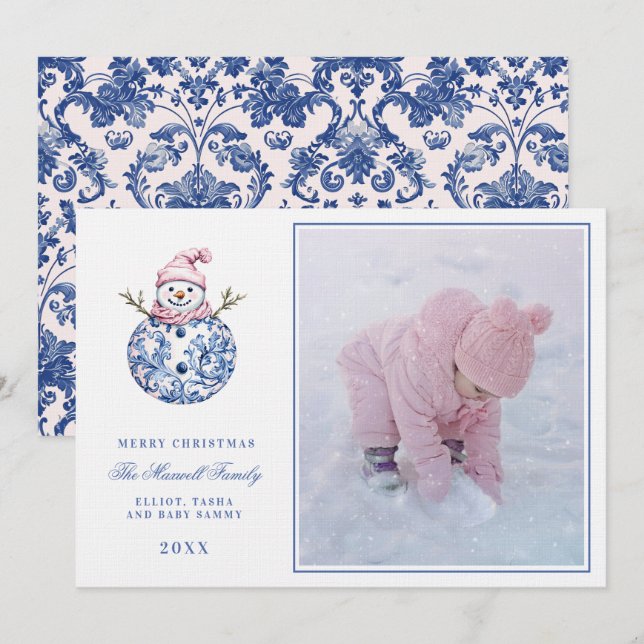 Pink & Blue Grandmillennial Damask Snowman  Photo Invitation (Front/Back)