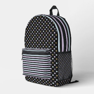 PINK BLUE GRAY BLACK STRIPES & POLKA DOTS PRINTED BACKPACK