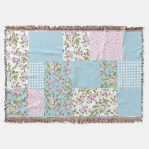 Pink, Blue, Green Apple Blossom Faux Patchwork Throw Blanket