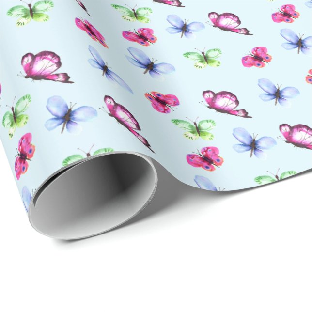 Pink Blue Green Butterfly Baby Shower Birthday Wrapping Paper (Roll Corner)