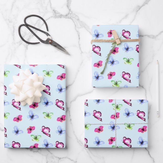 Pink Blue Green Butterfly Baby Shower Birthday Wrapping Paper Sheet (Front)