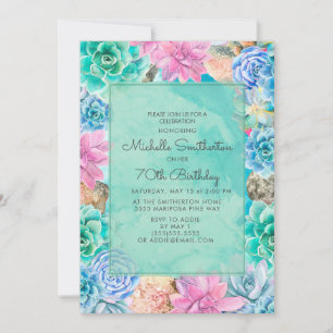 Pink Blue Green Floral Succulents 70th Birthday Invitation