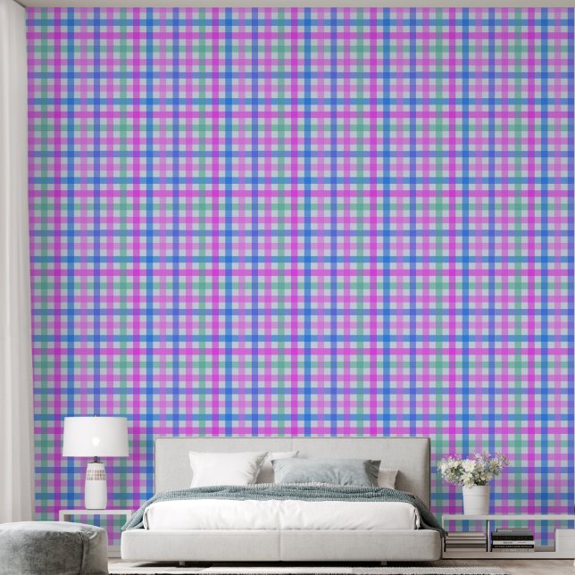 pink blue green gingham wallpaper (Bedroom)