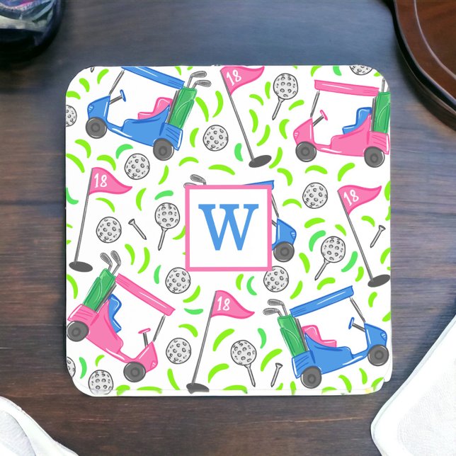 Pink Blue Green Golf Preppy Initial Coaster (Creator Uploaded)