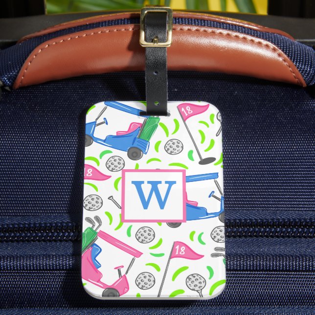 Pink Blue Green Golf Preppy Initial Luggage Tag (Front Insitu 2)