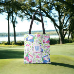 Pink Blue Green Golf Preppy Initial Tote Bag<br><div class="desc">Grab this colourful monogram golf tote and go out to shop. Personalise with an initial. Golf pattern with golf carts,  golf tees,  and golf balls. This golf pattern is available on other items in my store,  PageCreativeDesigns.</div>