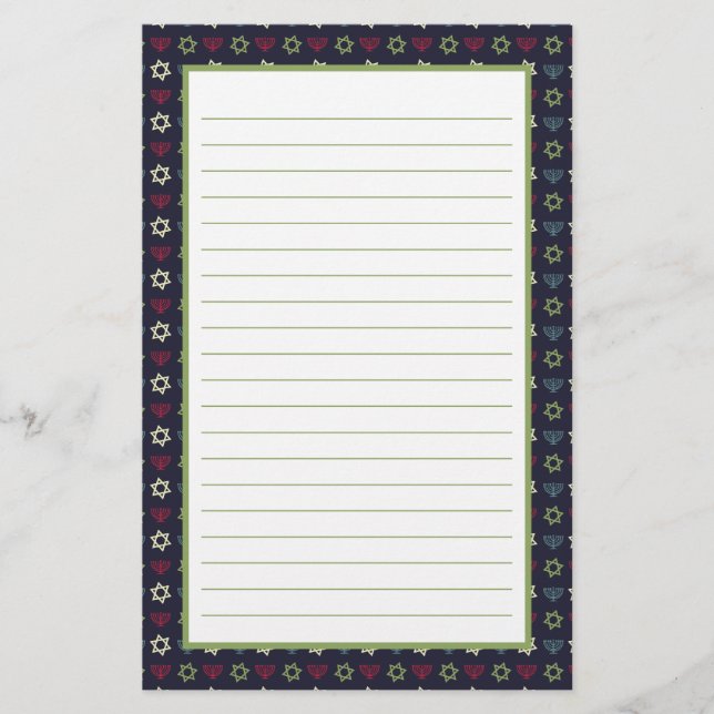 Pink Blue Green Menorah and Star of David Pattern Stationery (Front)