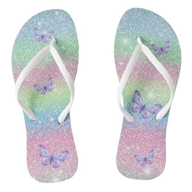 Pink Blue Green Ombre Glitter Butterflies  Flip Flops (Footbed)