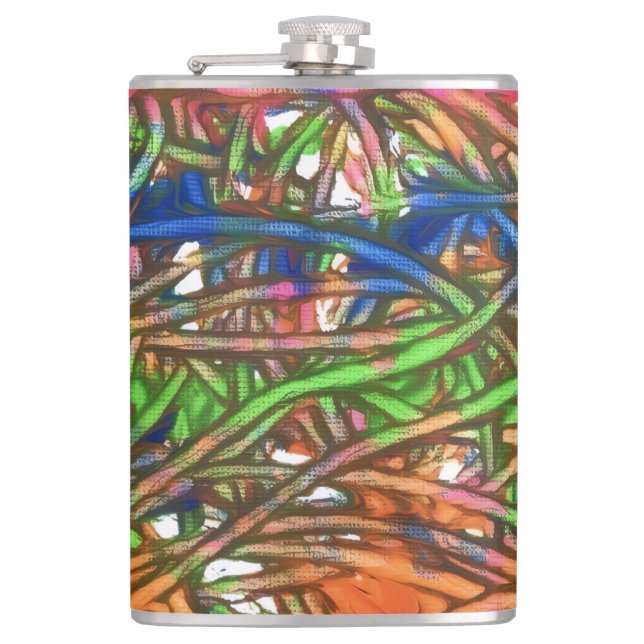 Pink, Blue, Green, Orange, Marble Artwork Hip Flask (Front)