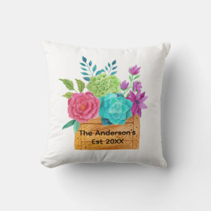 Pink Blue Green Purple Floral Basket Watercolor  Cushion
