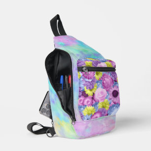 PINK BLUE GREEN PURPLE FLOWERS AND OMBRE SLING BAG