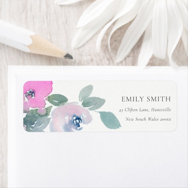 PINK BLUE GREEN ROSE WATERCOLOR FLORAL ADDRESS (Insitu)