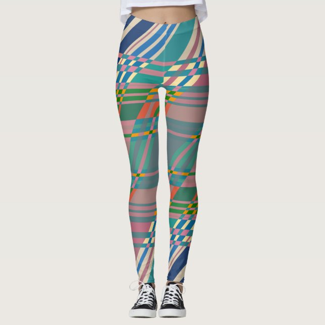 Pink Blue Green Stripes Geometric Pattern Gym Leggings (Front)