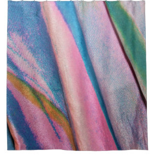 Pink blue green textile shower curtain
