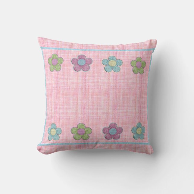 Pink Blue Green Textured Flowers Cushion (Front)