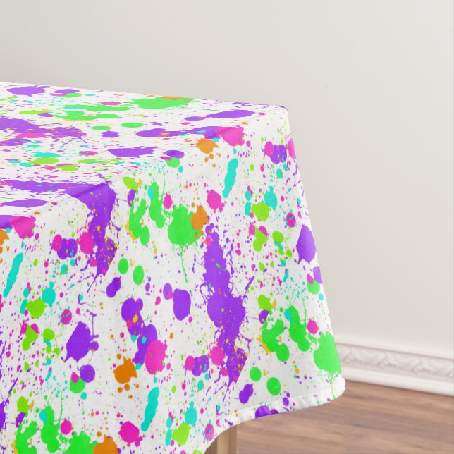 Pink Blue Green Turquoise Paint Splatter Tablecloth (In Situ)
