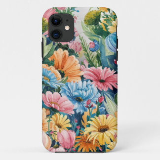 Pink Blue Green Yellow Orange Flower Art Pattern iPhone 11 Case