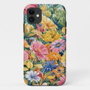 Pink Blue Green Yellow Orange Flower Art Pattern iPhone 11 Case