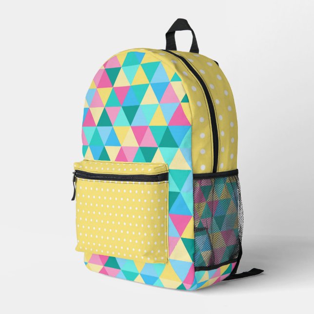 PINK BLUE GREEN YELLOW TRIANGLE & POLKA DOTS PRINTED BACKPACK (Back Corner Right)