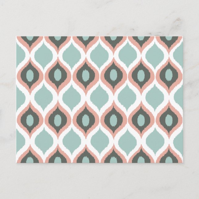 Pink Blue Grey Geometric Ikat Tribal Print Pattern Postcard (Front)